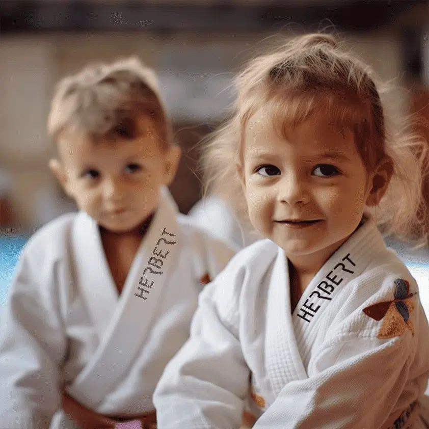 Twee jonge kinderen in judopak lachen tijdens een Tuimel Judo les bij Sportschool Herbert in Ede.