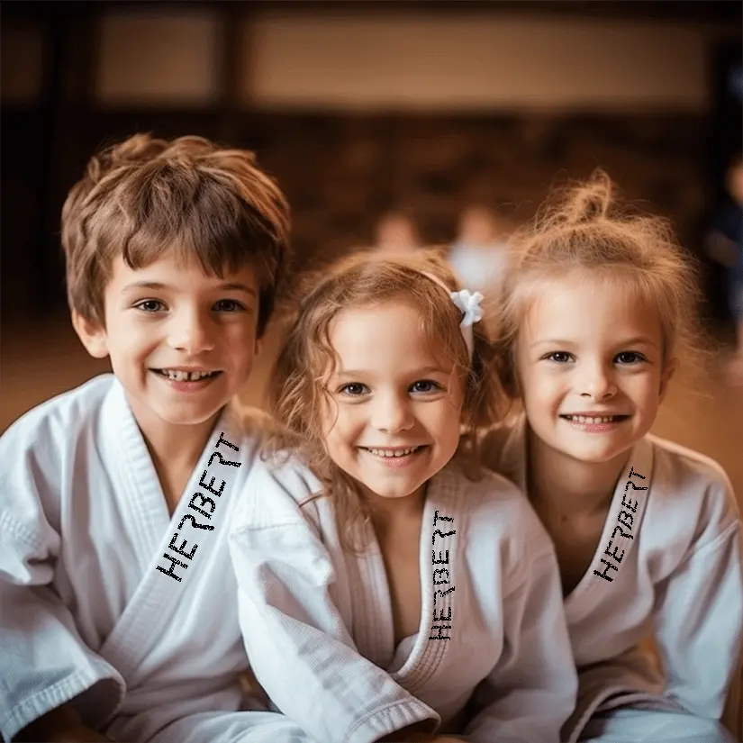 Drie lachende kinderen in judogi genieten van hun tijd bij Kids Judo van Sportschool Herbert.