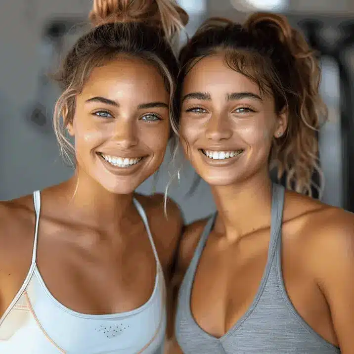 Twee vrouwen in sportkleding lachen na een zelfverdedigingstraining