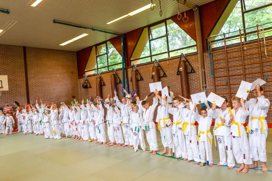 De oorsprong van judo 4 Judoka opgesteld in een lijn als teken van discipline en respect bij Sportschool Herbert in Ede